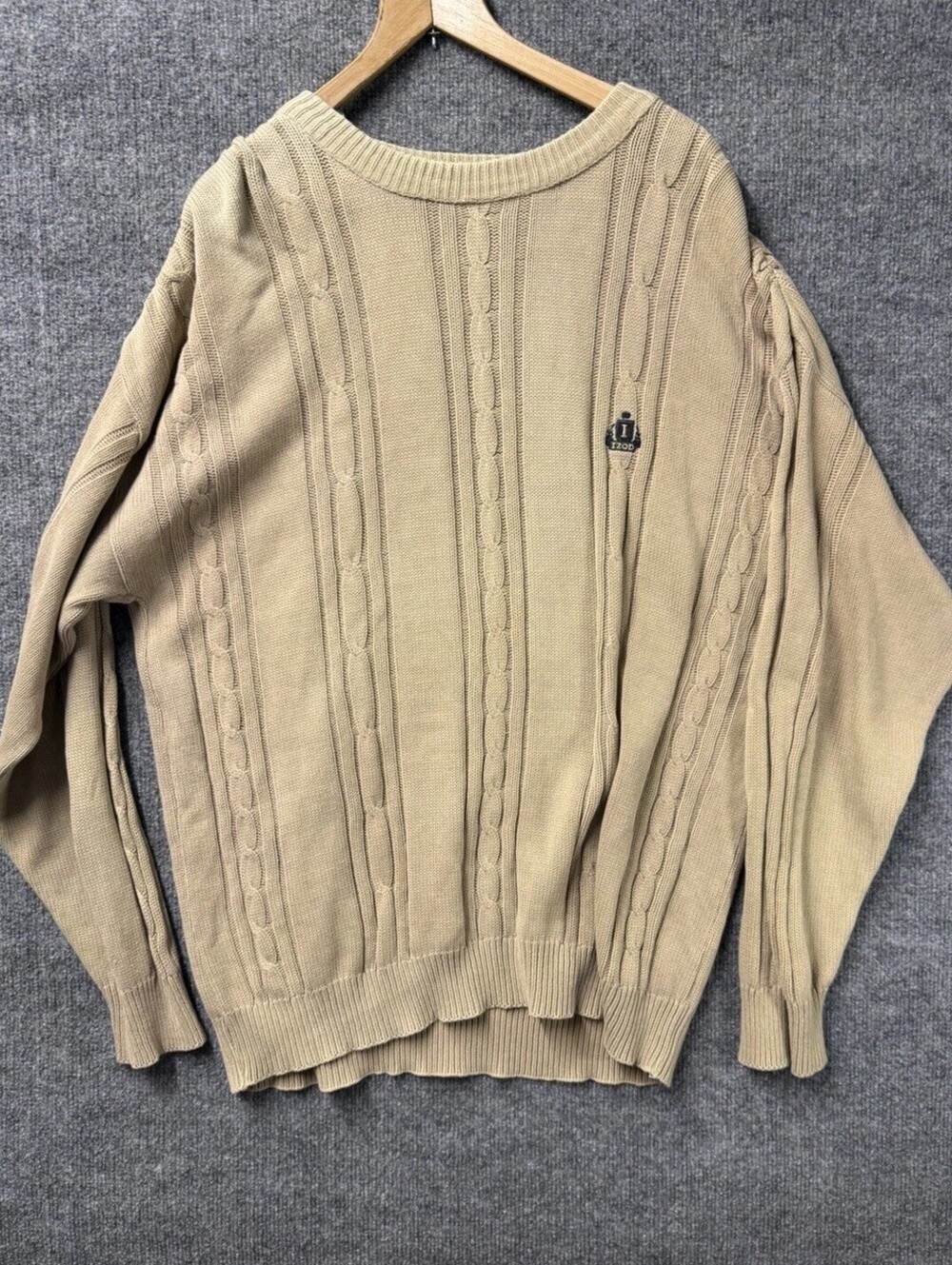 VTG IZOD Cable Knit Sweater Men's Medium Tan 100% Cotton Made in USA